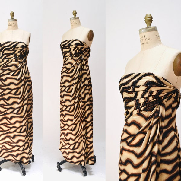 2000s y2k Vintage Bob Mackie Gown Dress Zebra Animal Print Beaded Dress Strapless Silk Evening Gown Small Medium Bob Mackie Pageant Dress