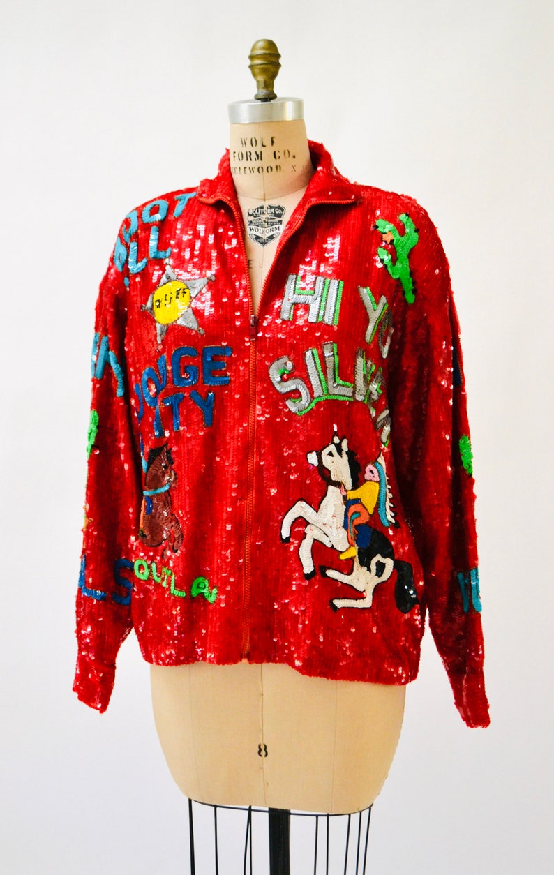 80s Vintage Red Sequin Jacket Horses Cowboys Native American Jacket Modi XL Plus Size Sequin Jacket// Vintage Sequin Jacket Rodeo Western image 9