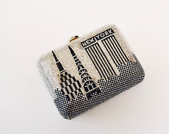 1970s Vintage Judith Leiber silver Black Crystal Clutch Evening Bag with New York City Sky Line Twin Towers 9/11 NYC Rhinestone Minaudiere