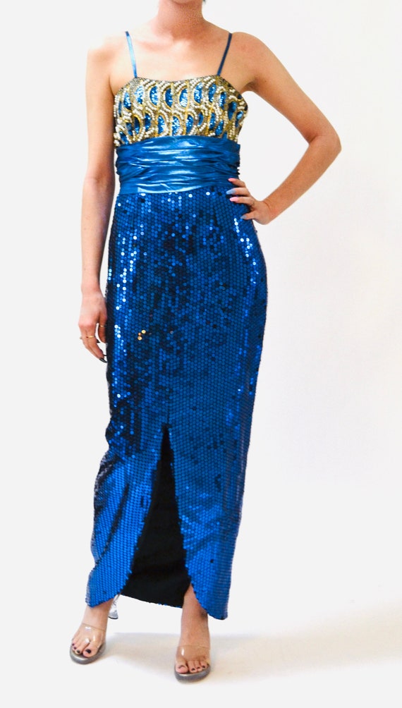 Vintage 80s Prom Dress Blue Sequin Metallic Gown … - image 4