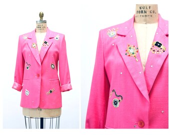 80s 90s Vintage Pink Patch Jacket Blazer with Rhinestones and Watch patches Pink Blazer Size Small Medium Rhinestone Party Linen Jacket