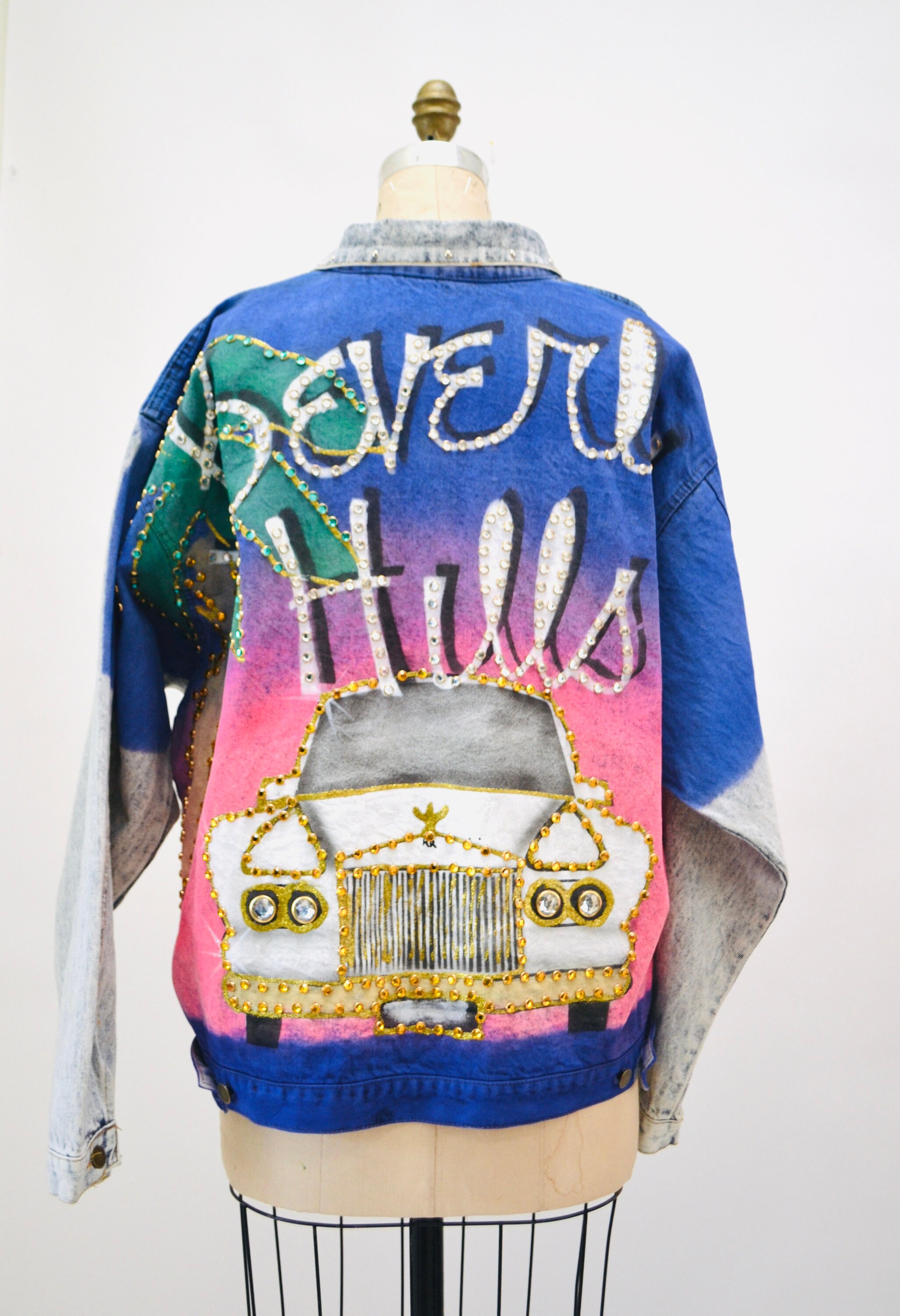 80s 90s Vintage Denim Jacket Beverly Hills California Painted Rhinestones Airbrushed JEAN Jacket Large XL Tony Alamo Inspired Acid Wash