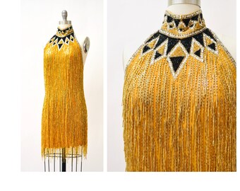 80s Vintage Bob Mackie Gold Beaded Fringe Dress Vintage Gold Metallic Dress Small Medium// Beaded Fringe Dress Flapper Inspired Cher Dress