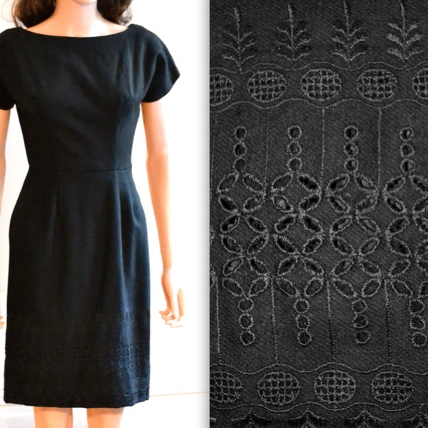 RESERVED UNTIL Jan 20th 50s Vintage Black Dress in Wool with Embroidery Size XS/Small