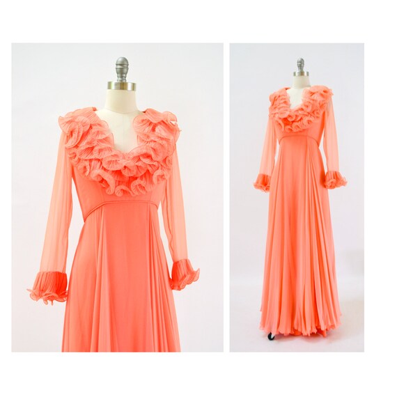 70s Alfred Bosand Vintage Peach Ruffle Dress Long… - image 1