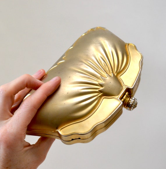 90s Vintage Metallic Gold Metal Clutch Evening Ba… - image 7