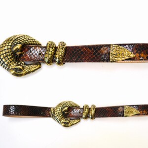 80s 90s Vintage Crocodile Alligator Belt Gold Brown Leather  display picture 3