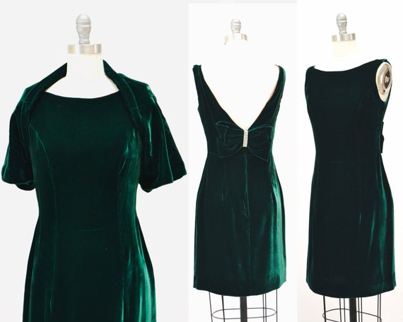 60s 70s Green Velvet Dress and Matching Cropped J… - image 10