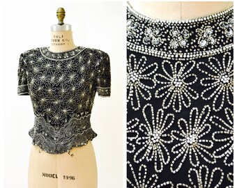 90s 00s Vintage negro metalizado plata con cuentas camisa top de lentejuelas flores de daisies medias // Vintage lentejuelas Top Medium Flapper inspirado