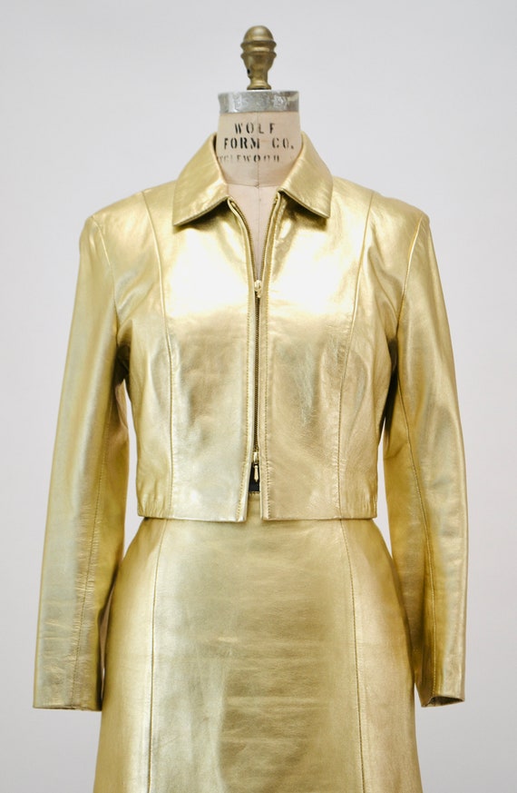 2000s Y2K Vintage Gold Metallic Leather Suit Gold… - image 9