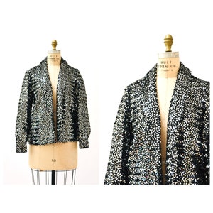 70s 80s Vintage metallic silver and black Sequin Jacket Size Medium //  Vintage metallic Sequin Jacket 70s 80s Disco Party Showgirl Jacket