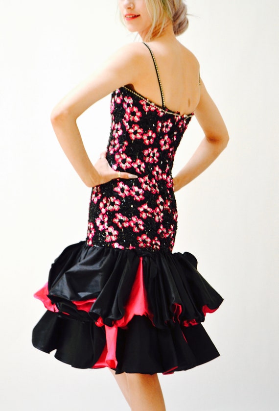 80s Vintage Prom Dress In Black and Pink XXS XS S… - image 5