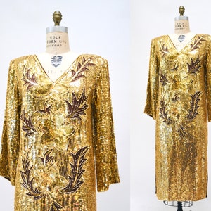 70s 80s Vintage Gold Sequin Dress Vintage Gold Metallic Dress medium large // Sequin Dress Flapper Inspired Cher Dress 80s Glam image 2