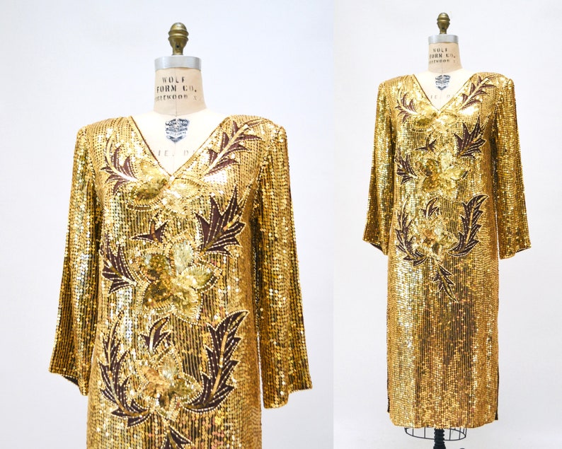 70s 80s Vintage Gold Sequin Dress Vintage Gold Metallic Dress medium large // Sequin Dress Flapper Inspired Cher Dress 80s Glam image 2