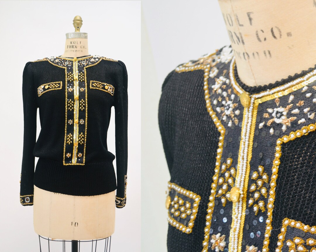 Vintage 80s/90s Donagain Black Gold Beaded Sweater main image 0