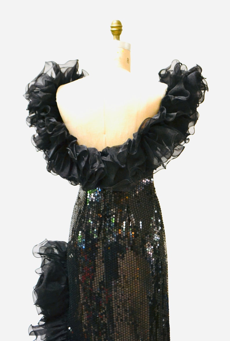 80s Vintage Black Sequin Dress Evening Gown Ruffles Size Medium Large 80s 90s Glam Black Sequin Pageant Prom Dress Gown By Alyce Design