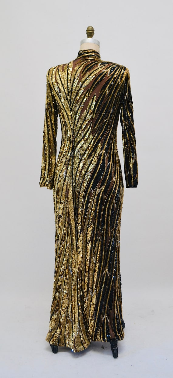 80s 90s Vintage Black Gold Beaded Sequin Gown Dre… - image 8