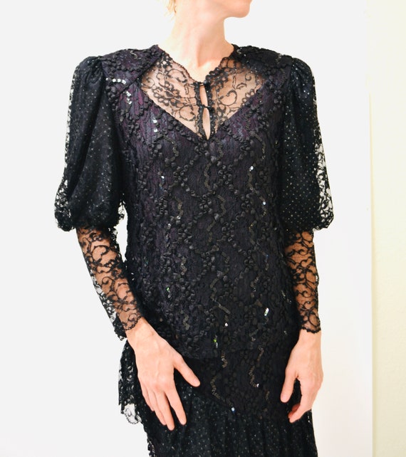 Vintage 80s Party black Dress Sequin Lace Dress S… - image 8