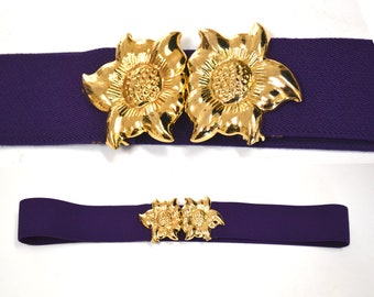 80s 90s Vintage Gold Flower Belt Buckle Purple Stretch Elastic Belt Gold Flower Metal Belt Small Medium Large XL Purple Flower Wedding Belt
