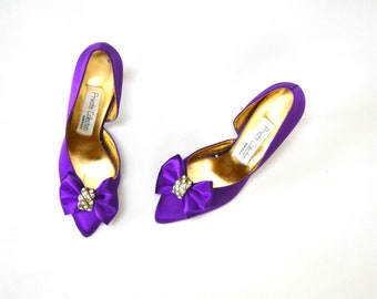 80s 90s Glam Party Vintage Purple Satin Bow High Heels Pumps Shoes Size 7 1/2 7.5 8 AA 80s 90s Vintage High heels 8 Bridesmaid Prom Party