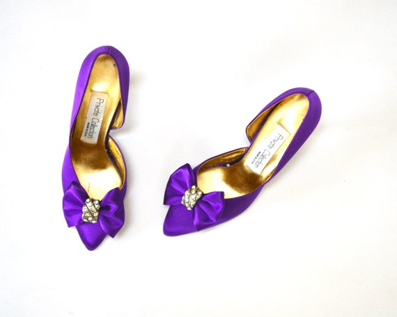 80s 90s Glam Party Vintage Purple Satin Bow High … - image 1