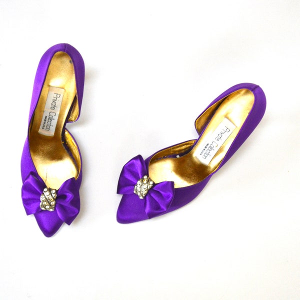 80s 90s Glam Party Vintage Purple Satin Bow High Heels Pumps Shoes Size 7 1/2 7.5 8 AA 80s 90s Vintage High heels 8 Bridesmaid Prom Party