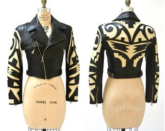 Vintage Black Leather Motorcycle Jacket Michael Hoban North Beach Tribal// 90s Leather Biker Jacket Black size Small Medium