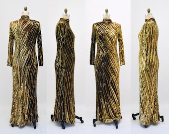 80s 90s Vintage Black Gold Beaded Sequin Gown Dress Bob Mackie Gold Black Tiger Stripe Long Sleeve Sequin Pageant Dress Cher Medium Large