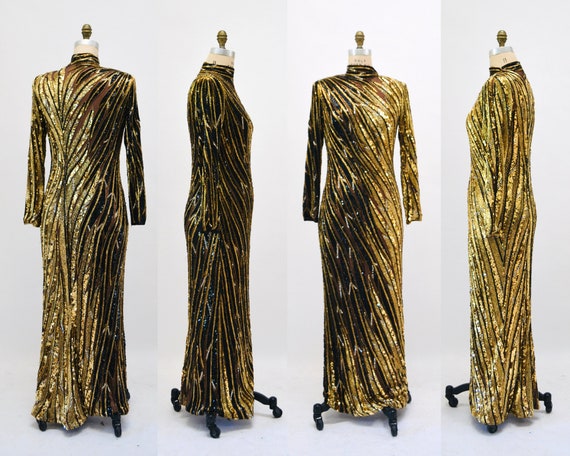 80s 90s Vintage Black Gold Beaded Sequin Gown Dre… - image 1