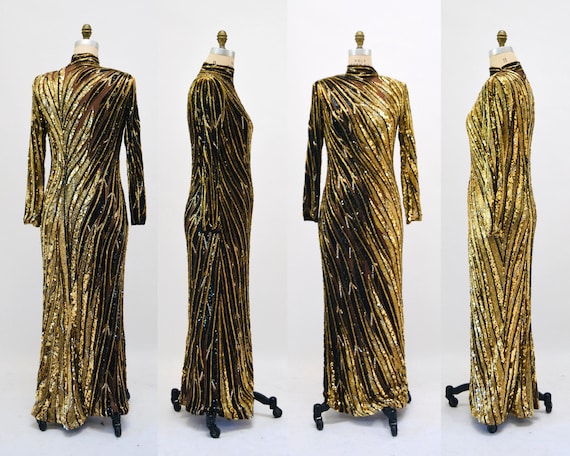 80s 90s Vintage Black Gold Beaded Sequin Gown Dress Bob Mackie Gold Black  Tiger Stripe Long Sleeve Sequin Pageant Dress Cher Medium Large - Etsy