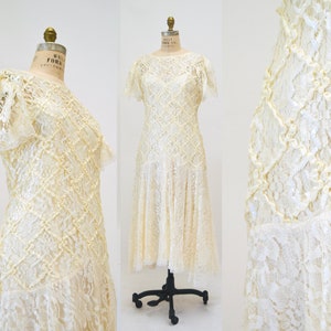 80s does 20s Vintage Lace Sequin Dress Medium Cream Off White// Vintage Sequin Lace Wedding Dress Boho Flapper Inspired Cream Lace Dress image 1