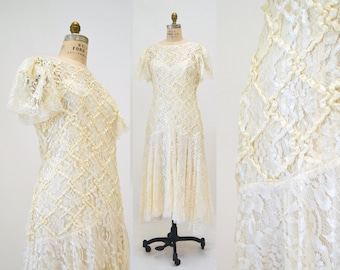 80s does 20s Vintage Lace Sequin Dress Medium Cream Off White// Vintage Sequin Lace Wedding Dress Boho Flapper Inspired Cream Lace Dress