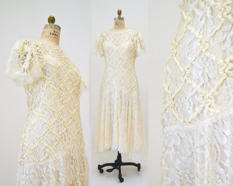 80s does 20s Vintage Lace Sequin Dress Medium Cream Off White// Vintage Sequin Lace Wedding Dress Boho Flapper Inspired Cream Lace Dress image 1