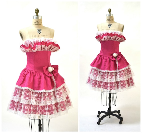 Vintage 80s Prom Dress Pink Fuchsia Size XS Small… - image 2