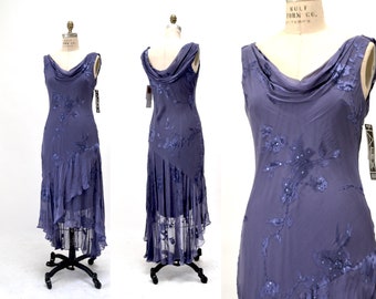 Vintage 90s 00 Y2K Bias Cut Silk Dress Purple Ruffle Beaded Floral Silk Bias Cut Tank Dress Medium Large Silk Burnout Beaded Cowl Neck Dress