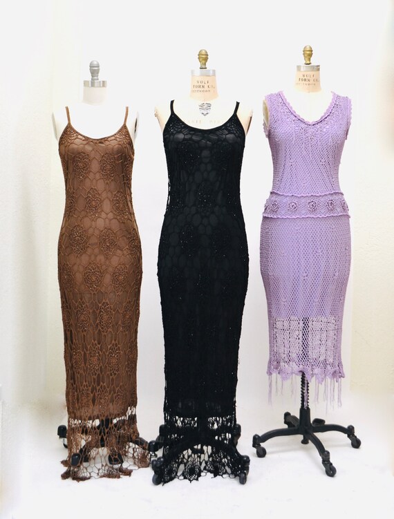 Buy 90s 00s Y2k Vintage Black Crochet Dress Black Beaded Knit Long Maxi Dress  Dress Large 00s Black Crochet Slip Tank Dress Beach Party Online in India -  Etsy