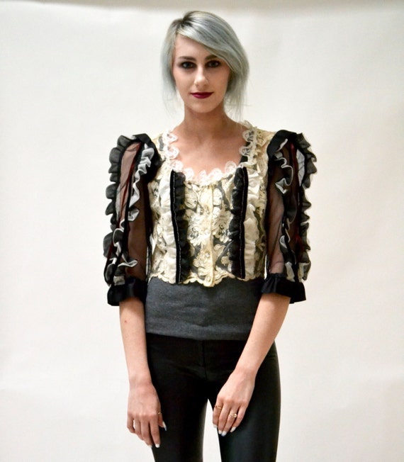 Vintage Lace Jacket Bolero Small Cream Black Ruff… - image 1