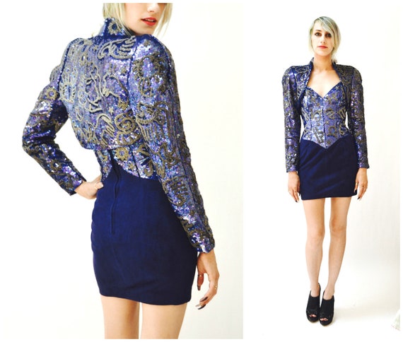 Vintage Sequin Jacket Blue and Gold Metallic Bole… - image 2