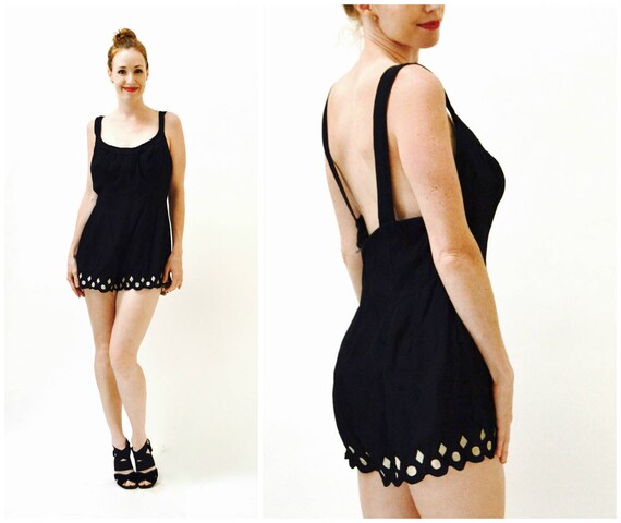 1950s Vintage Black Swimsuit Large Bathing Suit by
