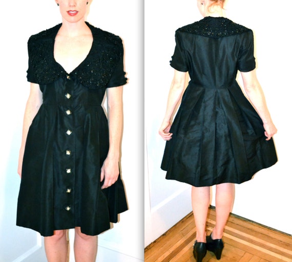 50s Vintage Black Formal Beaded Dress Medium// 50… - image 3