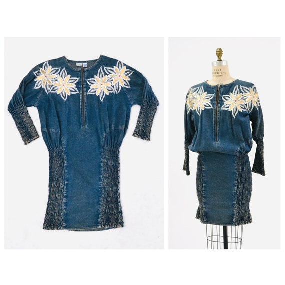 80s Vintage Denim Dress Acid Wash Metallic Sequins