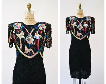 Vintage Black Sequin Beaded Dress Large Flower Beaded Dress 80s 90s Glam Flapper Black Metallic Beaded Dress Short Sleeve Medium Large