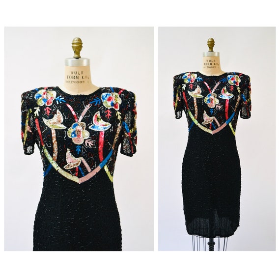 Vintage Black Sequin Beaded Dress Large Flower Be… - image 1
