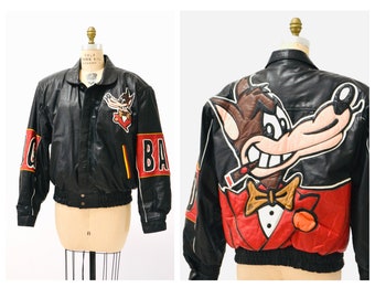 Vintage Black Leather Jacket With Big Bad Wolf Cartoon Comic