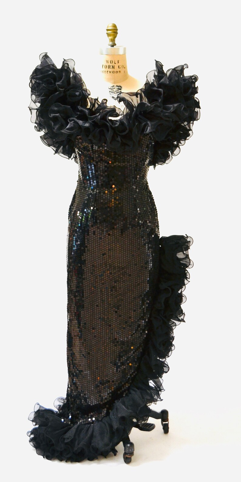 80s Vintage Black Sequin Dress Evening Gown Ruffles Size Medium Large 80s 90s Glam Black Sequin Pageant Prom Dress Gown By Alyce Design
