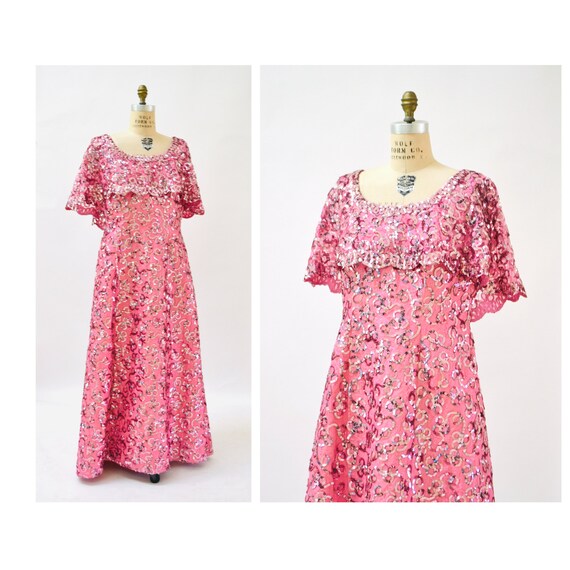 70s 80s Prom Dress Pink Sequin Dress Gown Large XL