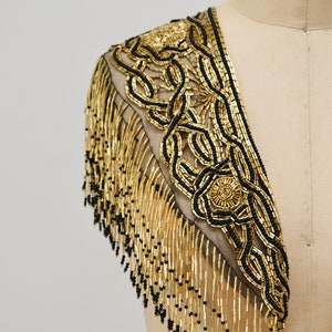 Vintage Gold Beaded Fringe Shawl Wrap Burlesque Wedding Flapper Gold Metallic Beaded Vintage Fringe Collar Shawl Gold Black Wrap Sharmark image 3