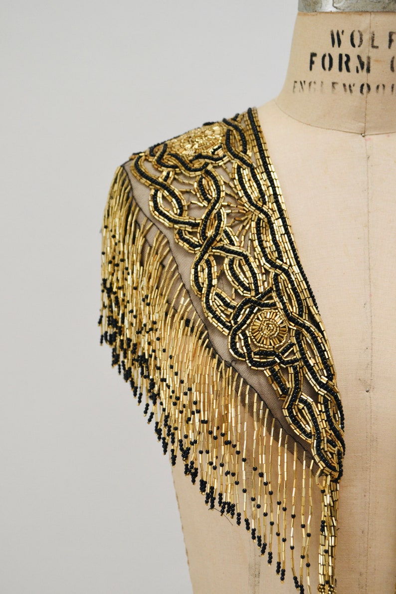 Vintage Gold Beaded Fringe Shawl Wrap Burlesque Wedding Flapper Gold Metallic Beaded Vintage Fringe Collar Shawl Gold Black Wrap Sharmark image 3