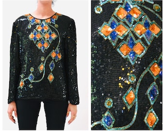 Vintage Metallic Schwarzes Pailletten-Shirt Art-Deco-Flapper Disko Medium Large// Vintage schwarzes Pailletten-Shirt Top Lange Ärmel Scala 80er 90er Party