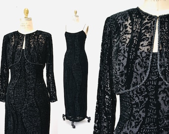 Vintage 90s 00 Y2K Black Beaded Velvet Dress And Bolero Jacket Silk Velvet Burnout Dress Beaded Long Party Dress Small Medium by Black Tie